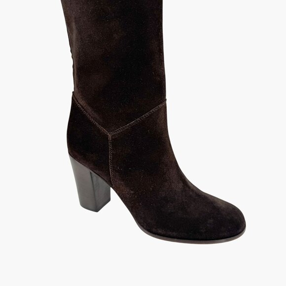 Chanel CC Dark Brown Suede Knee High Riding Boots Block Heel Size 37 US 6-6.5 - Picture 9 of 13